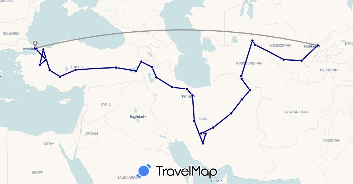 TravelMap itinerary: driving, plane in Iran, Turkmenistan, Turkey, Uzbekistan (Asia)
